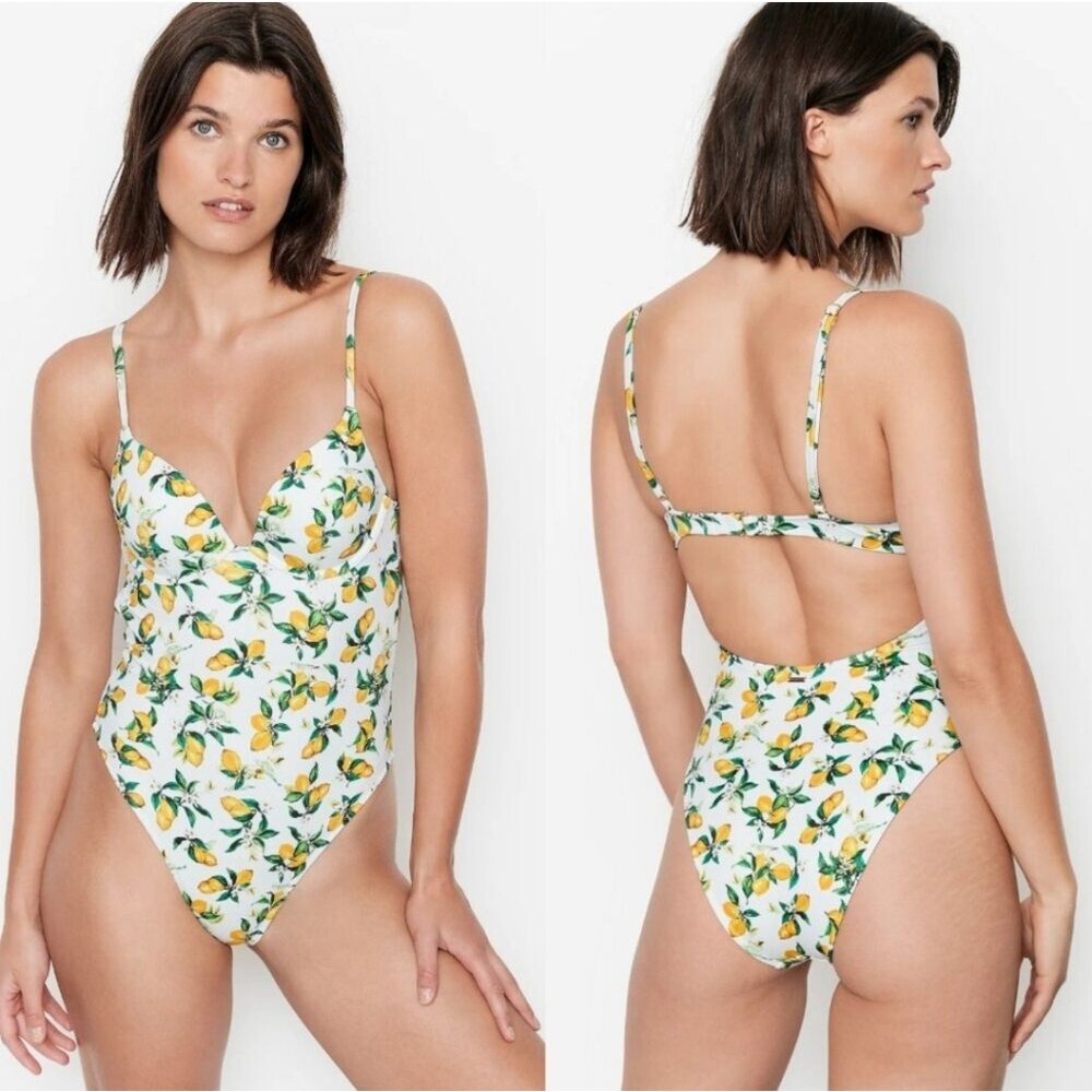 Victoria's Secret Tahiti Lemon Print One Peice Swim Suit Cheeky Yellow Green Med